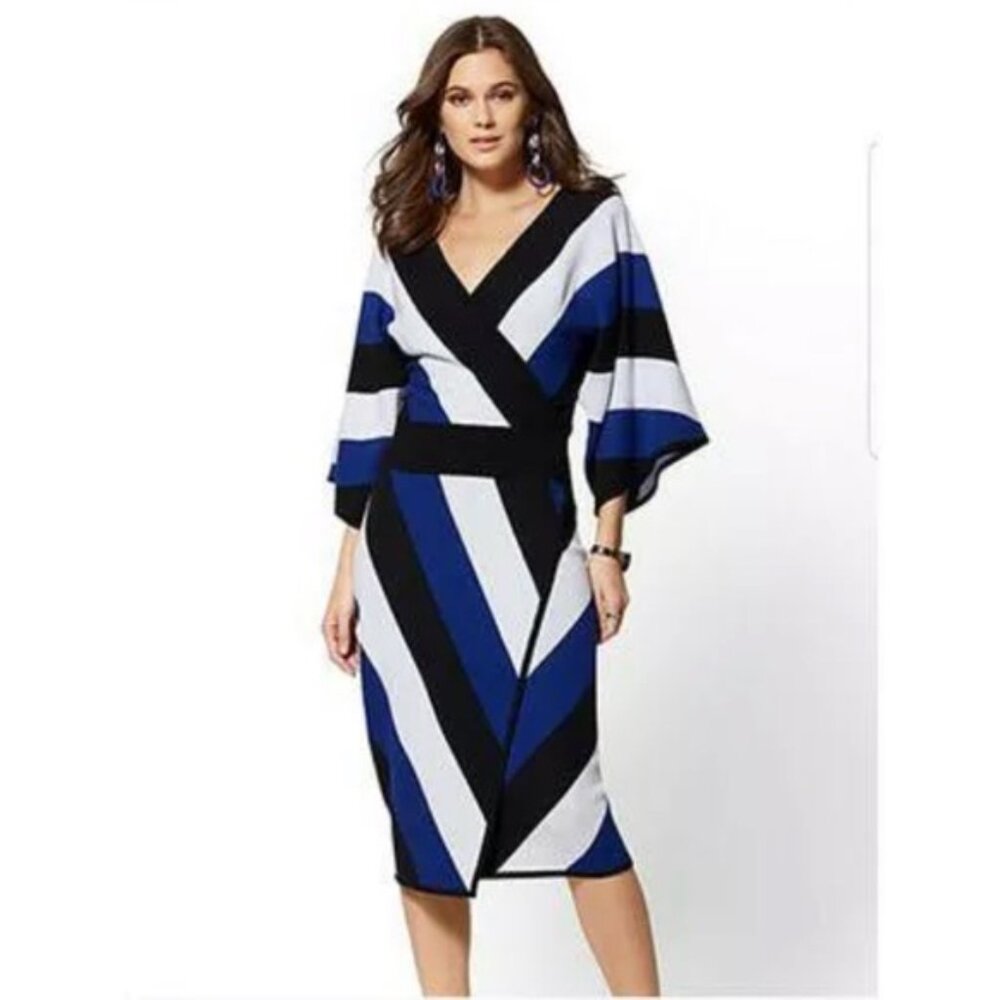 New Yprk & Cpmpany Blue Black White Diagonal Stripe Sweater Knit Midi Skirt  XL